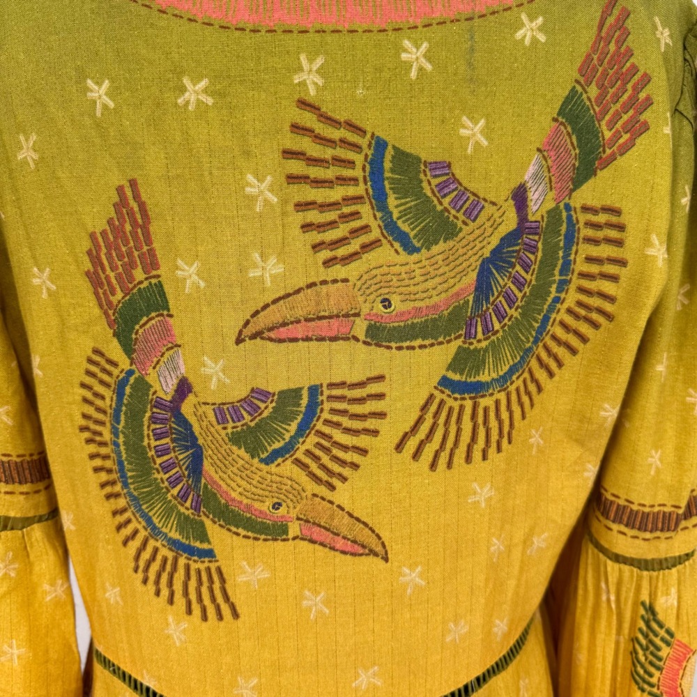 Farm Rio Yellow Ombre Bird Print Metallic Lurex Maxi Dress Womens Medium Boho - Picture 11 of 16